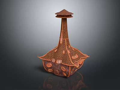 Unique Architectural Structure With Tiered Roof And Intricate Circular Textured Exterior 3d model