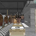 Modern Hotpot Restaurant Interior With Industrial Style Marble Counter Wooden Walls And Display Shelves