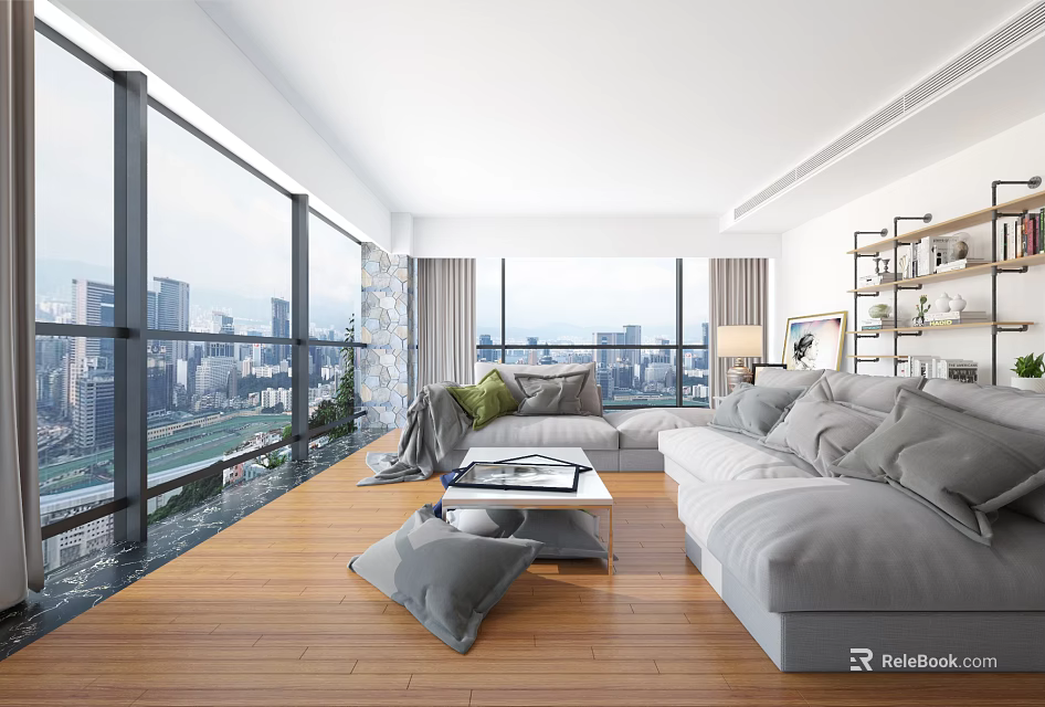 Hotel Public Lounge Area With Large Windows City View Grey Sofas Wooden Flooring And Bookshelf 3d model 