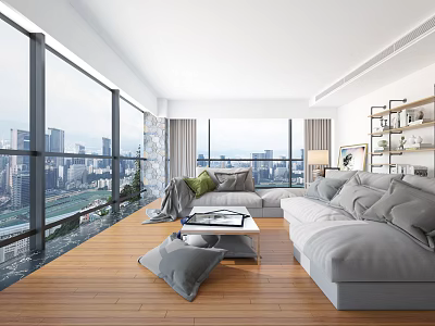 Hotel Public Lounge Area With Large Windows City View Grey Sofas Wooden Flooring And Bookshelf 3d model