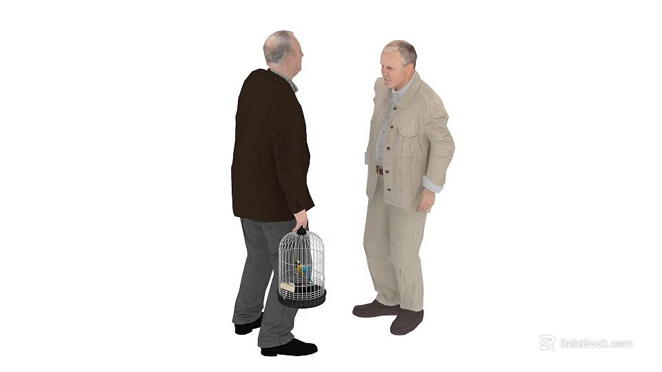 Two Men Talking While One Holding Birdcage With Small Bird 3d model 