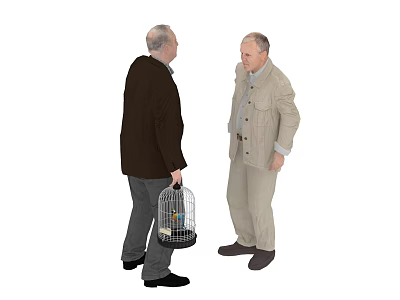Two Men Talking While One Holding Birdcage With Small Bird 3d model
