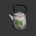 Decorative Vintage White Kettle With Red Berries And Green Leaves Pattern And Black Handle