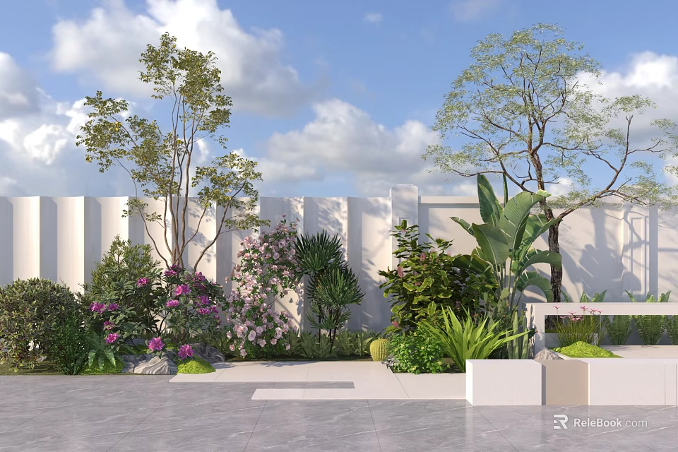 Modern Outdoor Garden Plant Combination With Trees Shrubs Flowers Slate Path And White Wall 3d model 