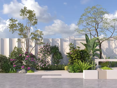 Modern Outdoor Garden Plant Combination With Trees Shrubs Flowers Slate Path And White Wall 3d model