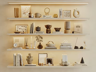 Elegant Interior Decorative Ornament Set With Shelf Display Books Vases Sculptures And Photo Frames 3d model