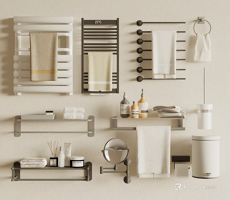 Practical Bathroom Shelves and Racks with Towels Toiletries Mirror and Trash Can 3d model 