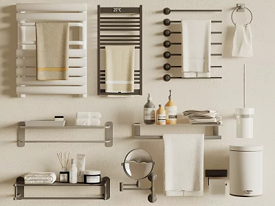 Practical Bathroom Shelves and Racks with Towels Toiletries Mirror and Trash Can 3d model