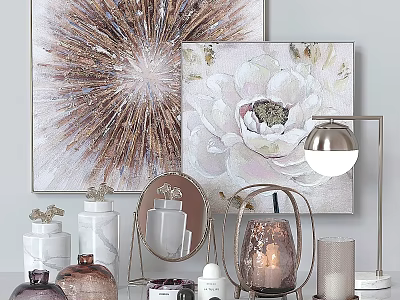 Elegant Decorative Ornament Set Featuring Wall Art Table Lamp Vases Mirror Candle Holder And Candles 3d model