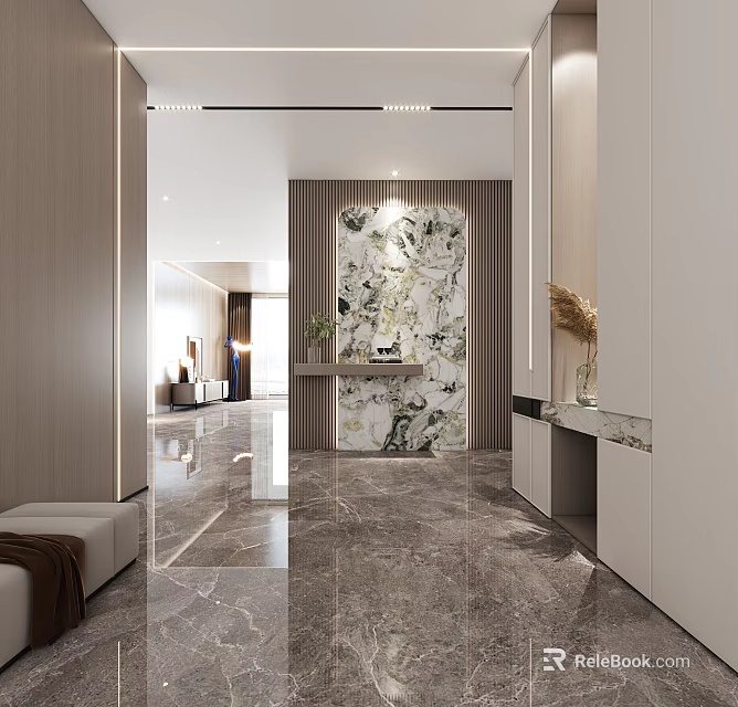 Modern Foyer Hallway Interior Design With Marble Feature Wall And Console Table 3d model 