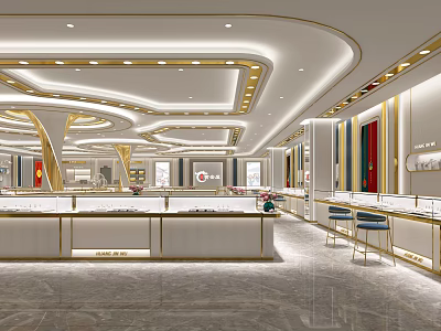 Luxury Modern Jewelry Store Interior Design With Golden Trim Display Counters And Soft Ambient Lighting 3d model