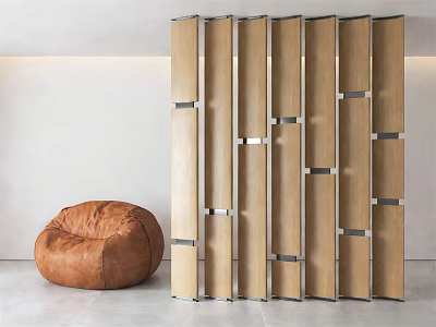 Modern Wooden Room Divider With Metal Details And Bean Bag Chair In Minimalist Interior 3d model