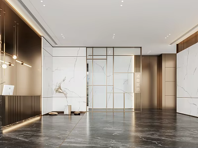 Elegant Modern Front Desk Reception Area With Marble Walls Glass Partitions And Pendant Lights 3d model