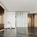 Elegant Modern Front Desk Reception Area With Marble Walls Glass Partitions And Pendant Lights