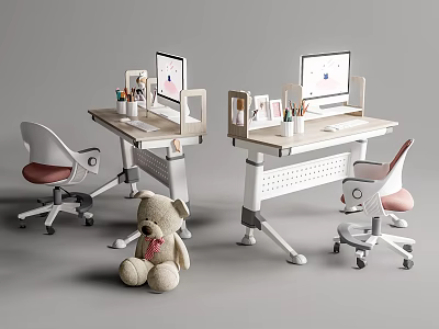Kids Study Desk With Computer Monitor Stationery Chair And Teddy Bear 3d model