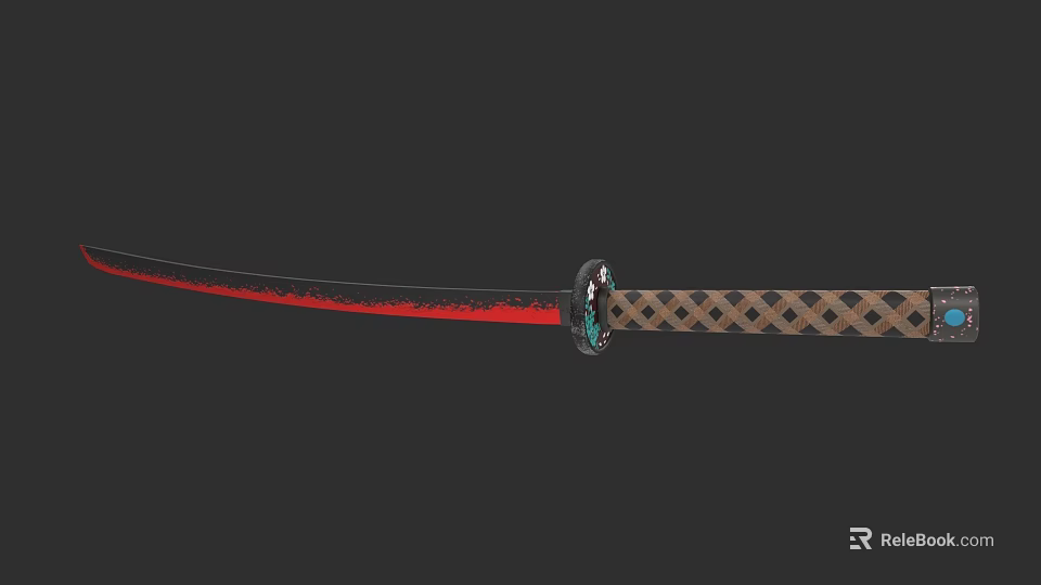 Traditional Samurai Sword With Red And Black Blade And Woven Handle Design 3d model 