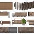 Modern Wooden Furniture Design Elements With Benches Screens And Potted Plant