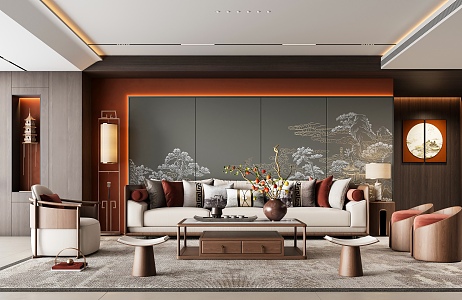 Zen New Chinese Style Unhosted Lamp Living Room Song Dynasty Aesthetic Furniture Sofa Coffee Table Combination Sofa Background Wall Floor Lamp 3d model