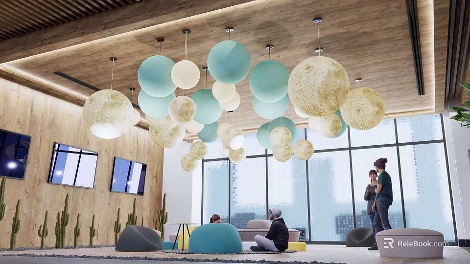 Modern Lounge Area With Pastel Spherical Pendant Lights Large Windows And People Relaxing 3d model 