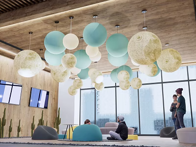 Modern Lounge Area With Pastel Spherical Pendant Lights Large Windows And People Relaxing 3d model