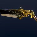 Ornate Golden Decorated Weapon With Red Hilt And Shiny Metal Blade