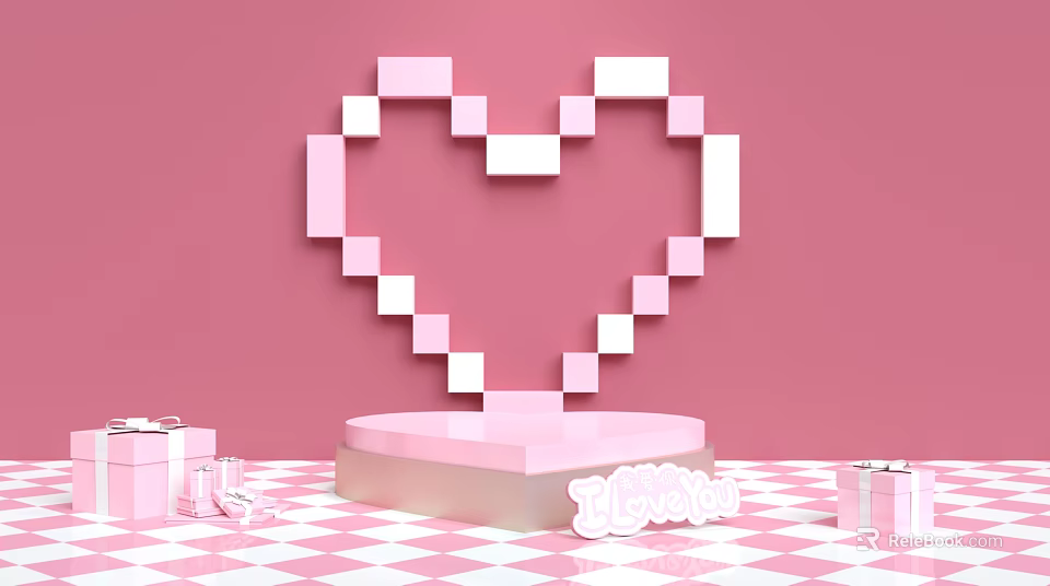Pink Heart Shaped Display Shelves With Platform And Gift Boxes On Checkered Floor 3d model