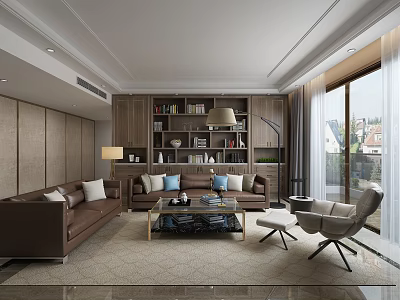 Modern Living Room Interior Design With Brown Sofa Bookshelf And Glass Coffee Table 3d model