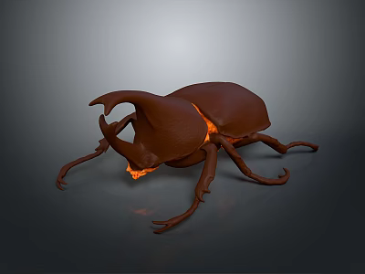 3D Brown Beetle Model with Large Head Horns Orange Glowing Effect on Gray Background 3d model