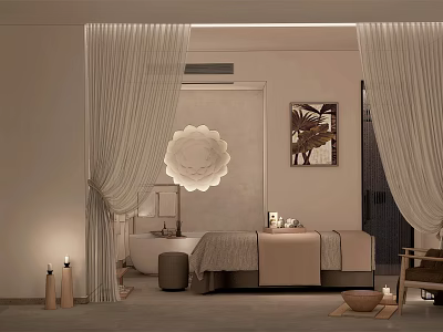 Elegant Modern SPA Sauna Interior With Massage Bed Soft Curtains And Candles 3d model