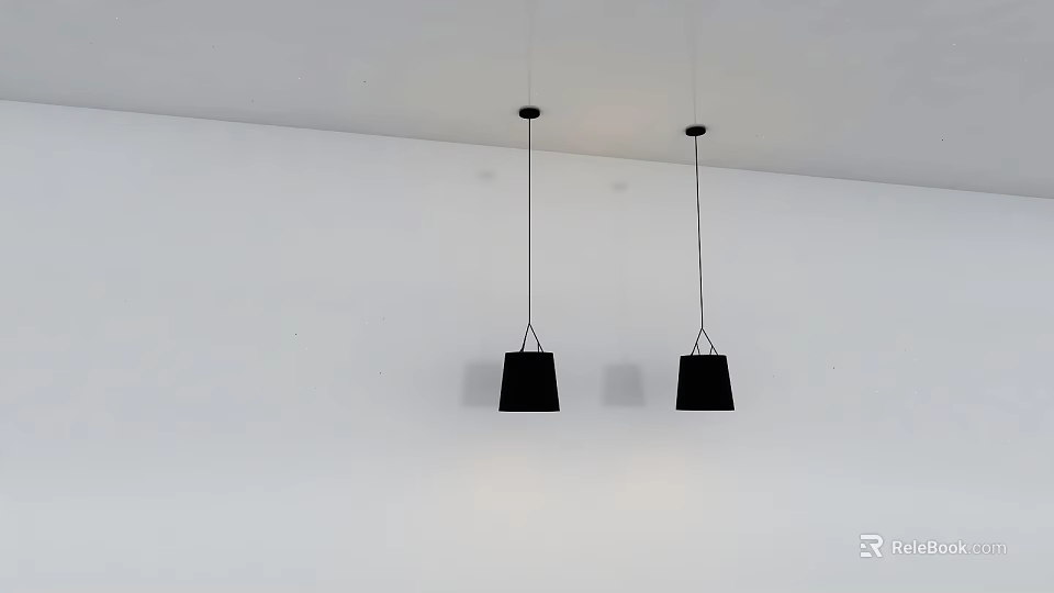 Modern Minimalist Interior With Two Black Pendant Lights Hanging From White Ceiling 3d model