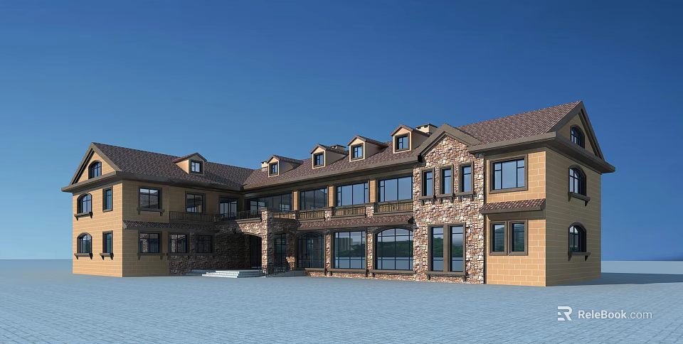 Modern Office Building Exterior With Stone Accents Large Windows And Gabled Roof Design 3d model 