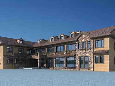 Modern Office Building Exterior With Stone Accents Large Windows And Gabled Roof Design 3d model