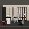 Study Desk and Chair Stool Bookcase Desk Lamp Computer 3d model
