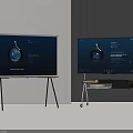 Two TVs on Tripod and Wheeled Stands Displaying Earth Image in Minimalist Room