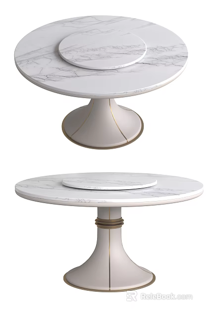 Round White Marble Dining Table With Golden Line Base And Turntable 3d model