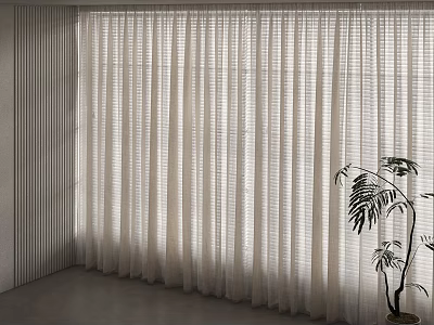 Elegant Sheer Cream White Long Curtains in Modern Interior with Green Plant 3d model