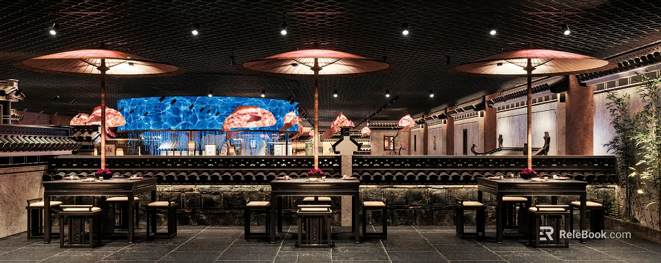 Traditional Chinese Restaurant Interior With Paper Umbrella Brick Wall Blue Mural And Wooden Tables 3d model 