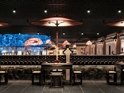 Traditional Chinese Restaurant Interior With Paper Umbrella Brick Wall Blue Mural And Wooden Tables 3d model