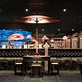 Traditional Chinese Restaurant Interior With Paper Umbrella Brick Wall Blue Mural And Wooden Tables