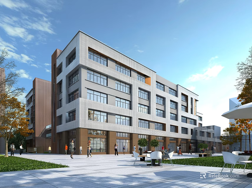Modern Multi Storey Office Building With Glass Facade Plaza Greenery And Outdoor Seating Area 3d model 