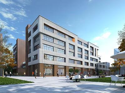 Modern Multi Storey Office Building With Glass Facade Plaza Greenery And Outdoor Seating Area 3d model