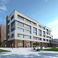 Modern Multi Storey Office Building With Glass Facade Plaza Greenery And Outdoor Seating Area