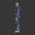 White Haired Human Character In Blue Mechanical Armor Standing Sci Fi Soldier Pose 3d model