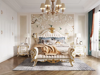 Elegant Classic Bedroom Interior With Ornate Gold Bed Floral Wallpaper Nightstands Rug And Chandelier 3d model