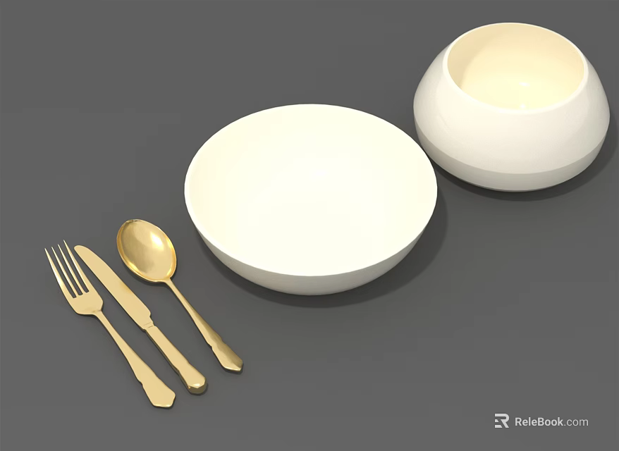 Elegant White Dinnerware Set With Bowls And Gold Fork Knife Spoon 3d model 