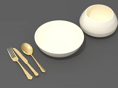 Elegant White Dinnerware Set With Bowls And Gold Fork Knife Spoon 3d model