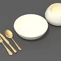 Elegant White Dinnerware Set With Bowls And Gold Fork Knife Spoon 3d model