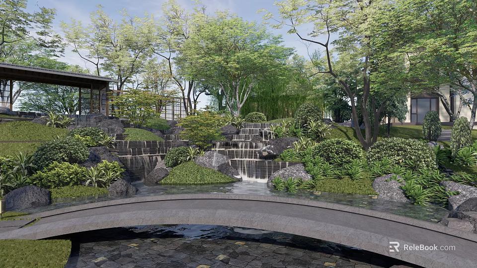 Beautiful Courtyard Garden with Waterfall Rocks Bridge Trees and Lush Greenery 3d model 