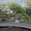 Beautiful Courtyard Garden with Waterfall Rocks Bridge Trees and Lush Greenery