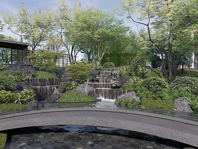 Beautiful Courtyard Garden with Waterfall Rocks Bridge Trees and Lush Greenery 3d model